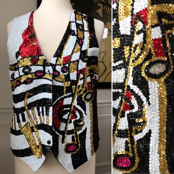 Vintage Jackets & Blazers - Vintage Sequin Vest Musical Note Piano Sax Guitar
